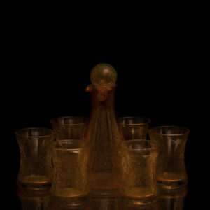 Service carafe + bouchon + 6 verres plats étranglés mandarine effet craquelé